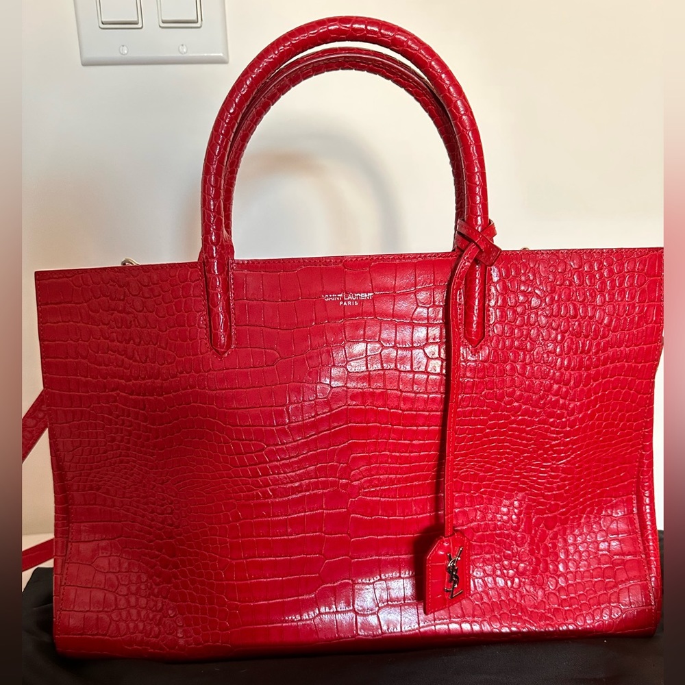 Saint Laurent Red Croc-Embossed Leather Tote